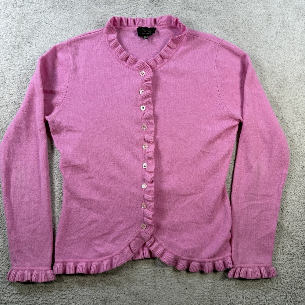 Pure Collection Cardigan Sweater Womens 12 Medium Pink 100% Cashmere Ruffle Soft